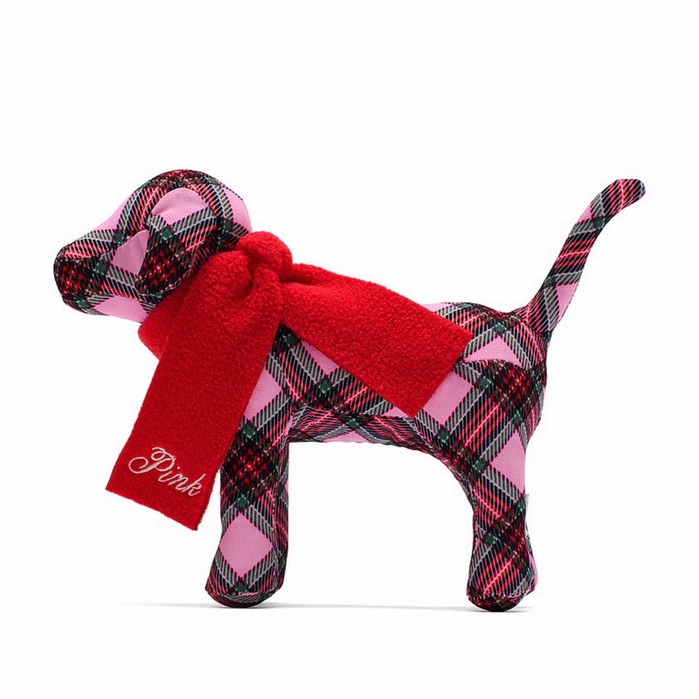 PINK Victoria's Secret Plaid Stuffed Dog with Red Scarf - Picture 3 of 6